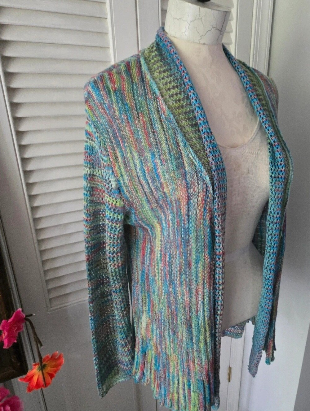 Krazy Kat Coastal Open Knit Cardigan Blue Multicolor Festival M - Picture 4 of 10